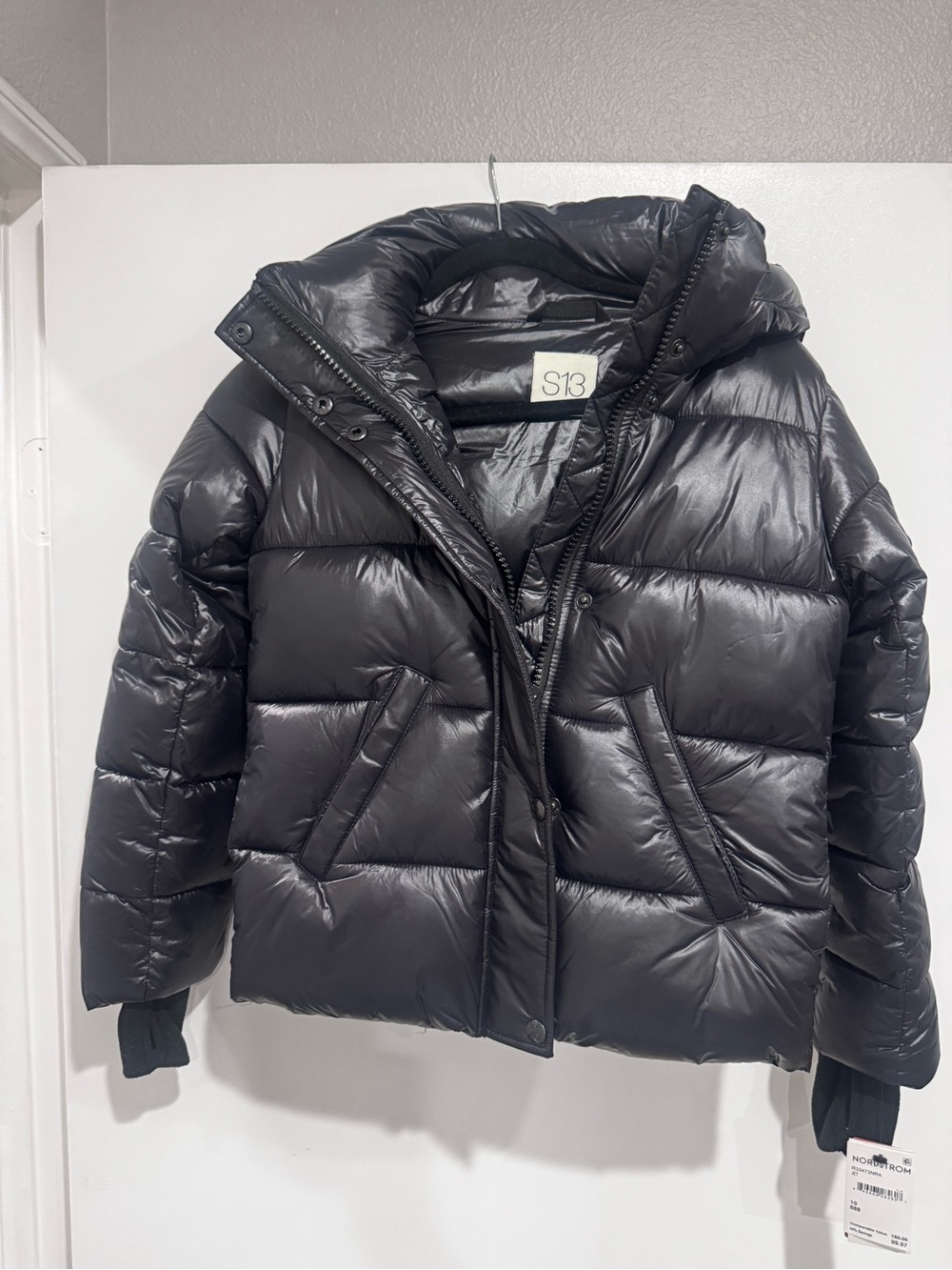S13 Kids' Shiny Black Puffer Jacket with Hood